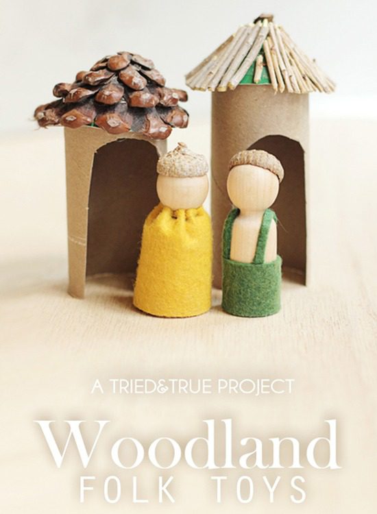 Woodland doll toys with natural and repurposed items.