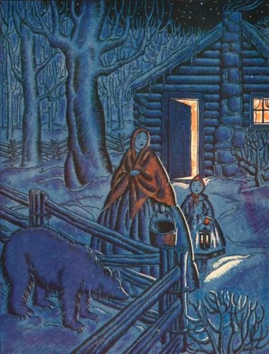 Ma in her red cape, walking with Laura. The cow and the bear story illustration!