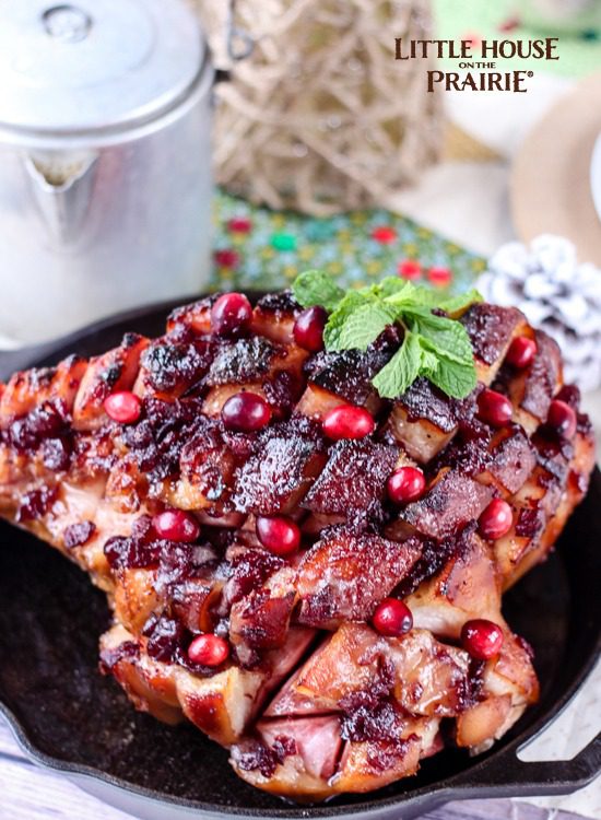 Delicious country ham with Cranberry and Mint, brown-sugar glaze - skillet ham recipe. Delicious!
