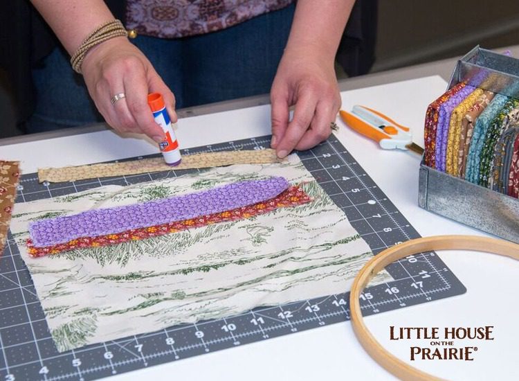 Glue your contrasting strips of Little House on the Prairie fabric for your hoop project.
