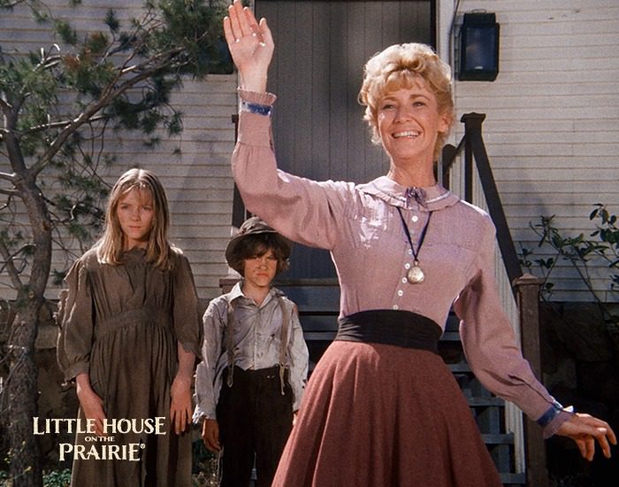Charlotte Stewart as Miss Beadle with children on the set of Little House on the Prairie