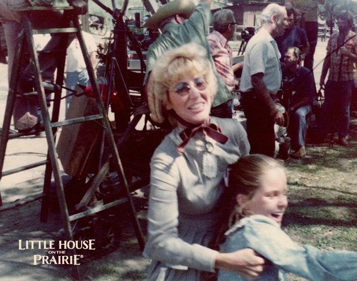 Charlotte Stewart on the set of Little House on the Prairie with Melissa Sue Anderson.