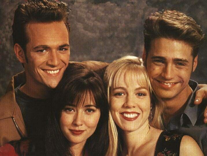Luke Perry, Shannen Doherty, Jennie Garth, and Jason Priestley in "Beverly Hills, 90210" (1990) (Photo by IMDb an Amazon Company)